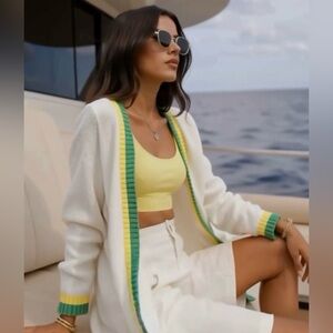 Vita Grace White Cardigan with Green and Yellow Trim